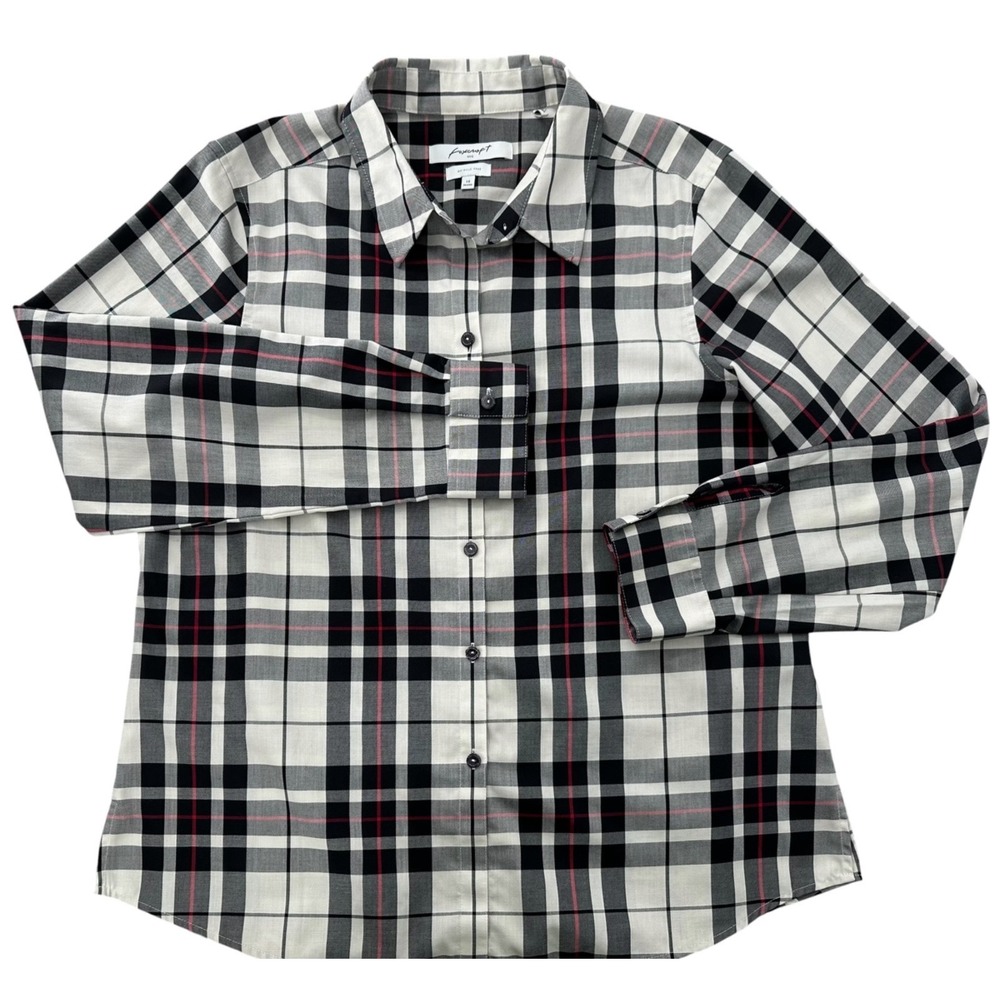 Foxcroft Button-up Shirt Black & Ivory Plaid Cotton Stretch Women's 14 Easy Care